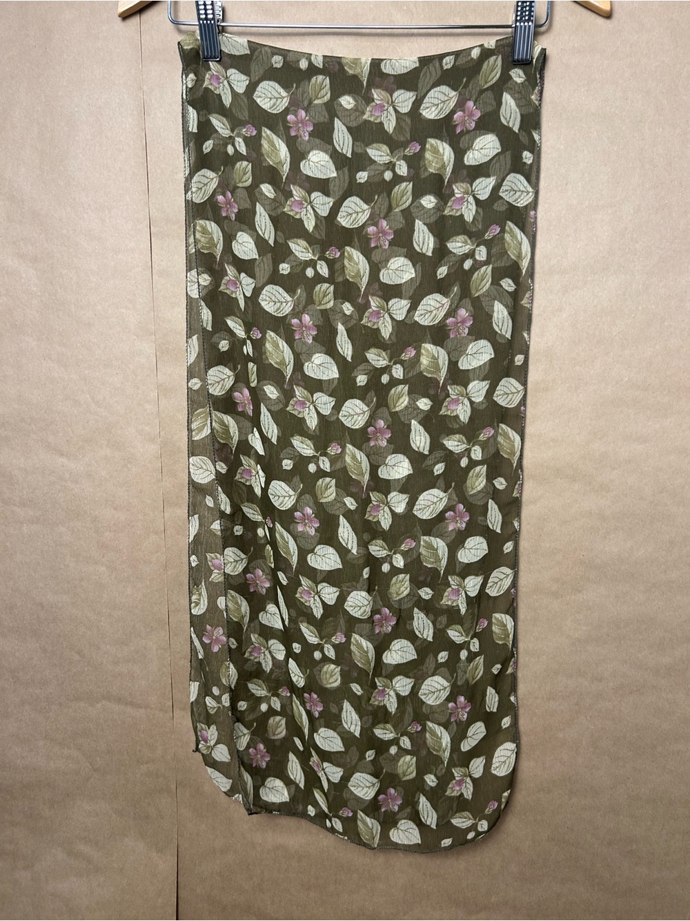 Vintage Style Olive Green Floral Sheer Lightweight Scarf Botanical Mauve